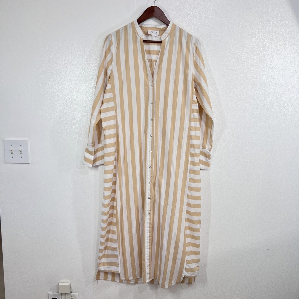 Bird & Knoll Jude Sand Stripe Cotton Maxi Shirt Dress Womens Large Luxury Resort